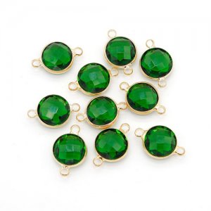5Pcs 12x19mm green Round Glass crystal Connecter Bezel pendant, Drops Gold Plated two Loops