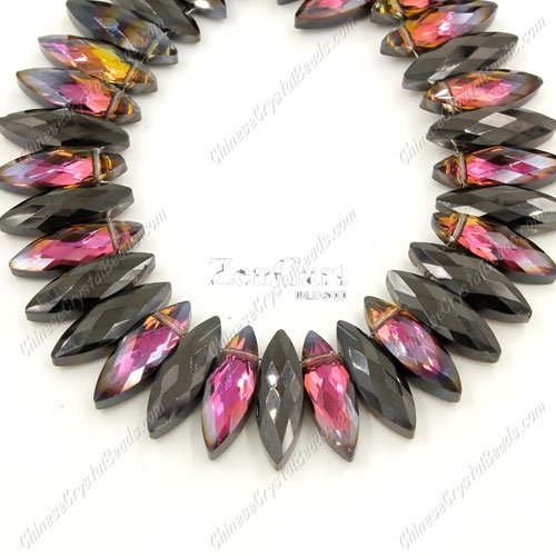 Leaf crystal beads, 7x22mm, hematite and purple light, 10 beads