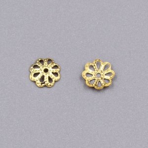 Bead cap, gold plated iron, 7x1mm textured flower with cutouts, fits 8-12mm bead. Sold per pkg of 200.