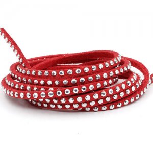 Studded Faux Suede Leather, 2.5x2mm, red, 1 piece=1 meter