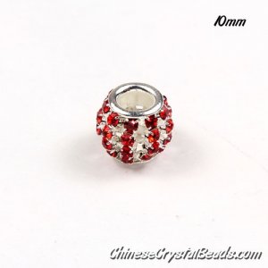 European Beads, Silver Plated, Red Rhinestone, 10mm, hole: 5mm, per pkg of 10 pcs