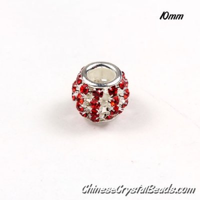 European Beads, Silver Plated, Red Rhinestone, 10mm, hole: 5mm, per pkg of 10 pcs