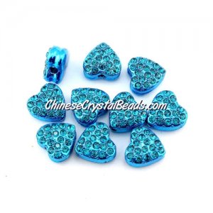 Pave heart beads, alloy, aqua, hole 1.5mm, 6x10x10mm, sold 10pcs