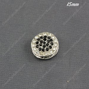 pave coin beads , silver plated clear and black crystal, 15mm, hole:1.5mm,1 piece