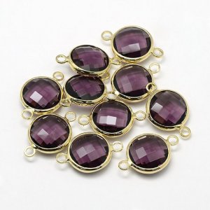 5Pcs purpleRound Glass crystal Connecter Bezel pendant, 20x13mm, Drops Gold Plated Two Loops