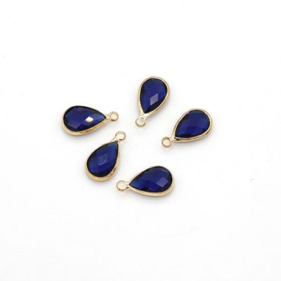 5Pcs 8x15mm sapphire drop Glass crystal Connecter Bezel pendant, Drops Gold Plated one Loops