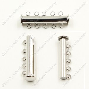 Magnetic Clasps, 5-strand, silver-plated brass, 30x6mm tube. Sold per pkg of 10.