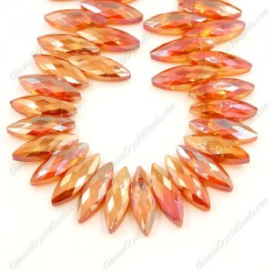 Leaf crystal beads, 7x22mm, orange light, 10 beads