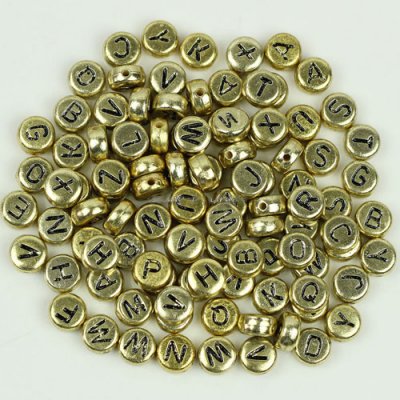 100Pcs Mixed Acrylic Flat Round Disc Alphabet Letter Spacer Beads 7x4mm, gold and black color letter
