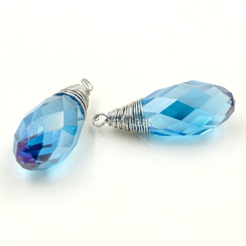 Wire Working Crystal drop Pendant, 10x20mm, aqua, sold by 1 pc