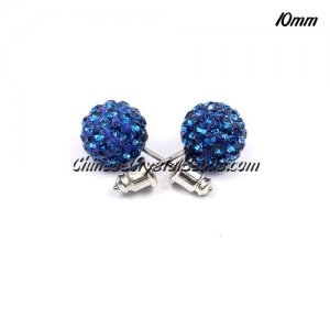 Pave clay disco Earrings, capri blue, 10mm, sold 1 pair