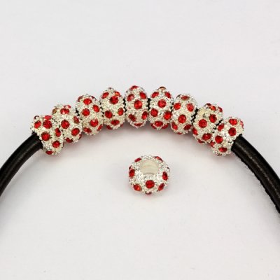 Alloy European Beads, rondelle, 6x11mm, hole:5mm, pave red crystal, silver plated, 1 piece