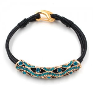 Carabiner Clasp Bracelet, 2.5mm round leather, gold clasp and tube, 2-Coil blue leather Bracelet