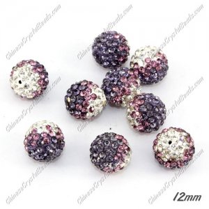 AAA quality Premium Pave style half drilled beads crystal, round, 12mm, hole: 1mm,white & purple, sold by 1 pc