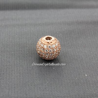 Cubic Zirconia Pave Beads, round, 10mm, hole, 2.5mm, 18k rose gold plated, 1 pieces