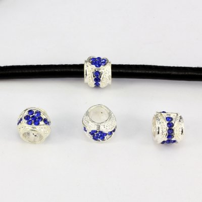 Alloy European Beads, #001, 11x9mm, hole:6mm, pave blue crystal, silver plated, 1 piece