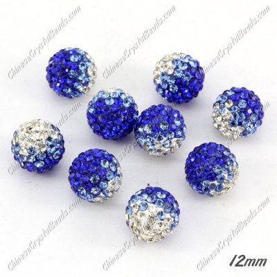 AAA quality Premium Pave style half drilled beads crystal, round, 12mm, hole: 1mm, white & sapphire, sold by 1 pc
