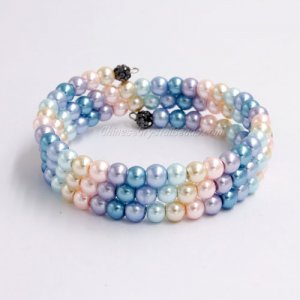 Memory Wire Bracelet, 6mm glass pearl beads, #012