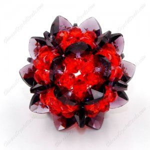 3D beaded flower ball, violet heart and red rondelle beads, width:45mm, 1 pc