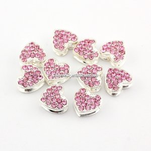Pave heart beads, alloy, silver pink, hole 1.5mm, 6x11x12mm, sold 10pcs