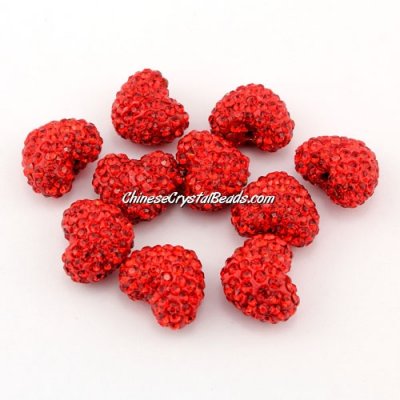 Pave heart beads, clay, 13x15mm, 1.5mm hole, red, 1pcs
