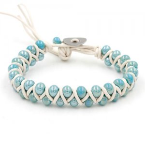 New Fashion hand made Weave blue glass beads leather bracelet, stainless steel buckle