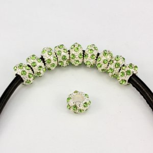 Alloy European Beads, rondelle, 6x11mm, hole:5mm, pave green crystal, silver plated, 1 piece