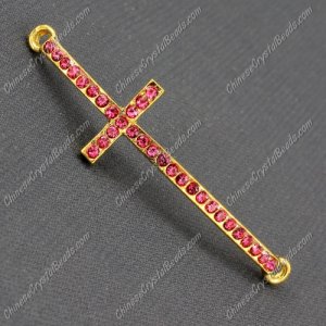 Pave cross Charms, alloy gold-plated, 14x50mm, hole: 2mm, fuchsia, 1pcs
