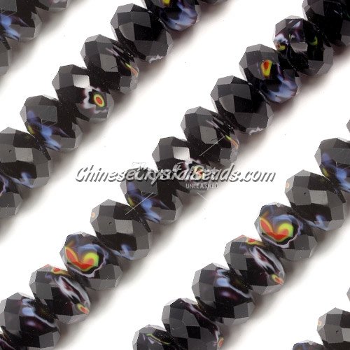 Millefiori Crystal faceted rondelle Beads, black, 8x14mm, 20 beads