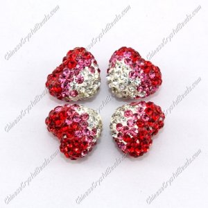 Pave heart beads, clay, 13x15mm, 1.5mm hole, red gradient, 1pcs