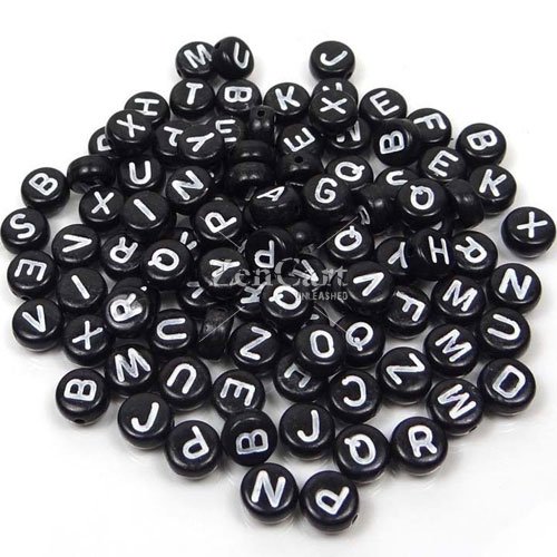 100Pcs Mixed Acrylic Flat Round Disc Alphabet Letter Spacer Beads 7x4mm, black and white letter