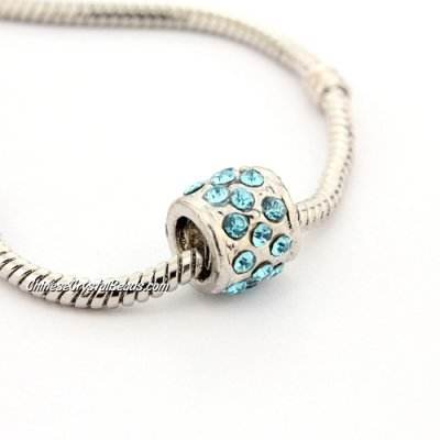 Pave Pave European Beads, alloy, silver plated and aqua CZ, 9x9x9mm, hole: 5mm, sold per pkg of 9pcs