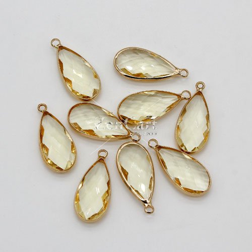 5Pcs 10x23mm lt yellow drop Glass crystal Connecter Bezel pendant, Drops Gold Plated one Loops