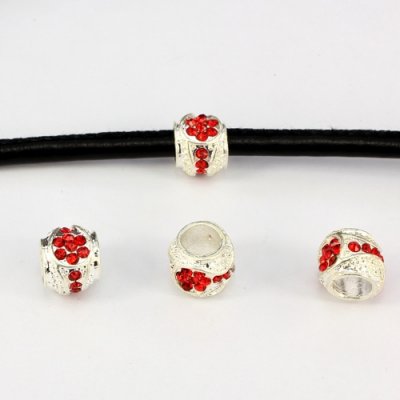 Alloy European Beads, #001, 11x9mm, hole:6mm, pave red crystal, silver plated, 1 piece