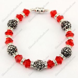Magnetic Clasps bracelet red bicone beads and silver clay pave beads, 7inch length