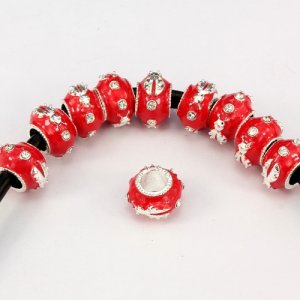 Alloy European Beads, beetle, 9x13mm, hole:6mm, pave clear crystal, red painting, silver plated, 1 piece