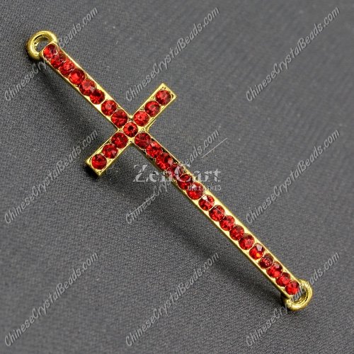 Pave cross Charms, alloy gold-plated, 14x50mm, hole: 2mm, red, 1pcs