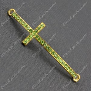 Pave cross Charms, alloy gold-plated, 14x50mm, hole: 2mm, olivine, 1pcs