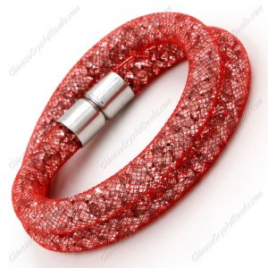 Double wrap Stardust Mesh Bracelet, red mesh and clear Rhinestone, width:8mm