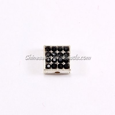 Pave square beads, 10mm, silver, Black Rhinestone, sold per bag of 12 pcs