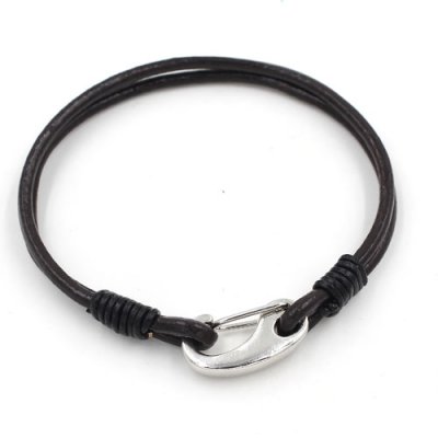 Carabiner Clasp Bracelet, 2.5mm round leather, 2-Coil dark brown leather Bracelet