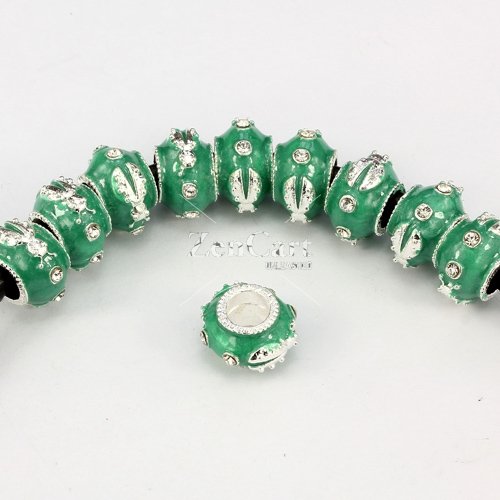 Alloy European Beads, beetle, 9x13mm, hole:6mm, pave clear crystal, green painting, silver plated, 1 piece