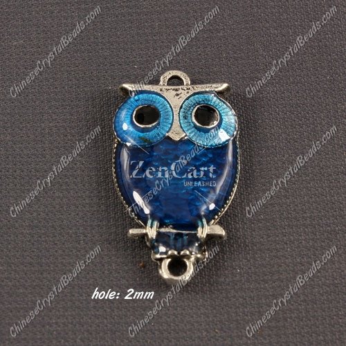 Alloy owl charms, 17x30mm,old silver plated, blue, sold 1 piece