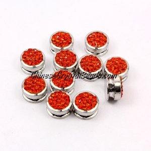 Pave button beads, orange, silver-plated copper, 10mm , Sold per pkg of 10 pcs