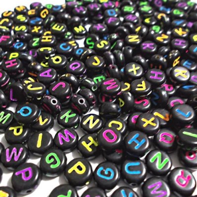 100Pcs Mixed Acrylic Flat Round Disc Alphabet Letter Spacer Beads 7x4mm, black and multi color letter