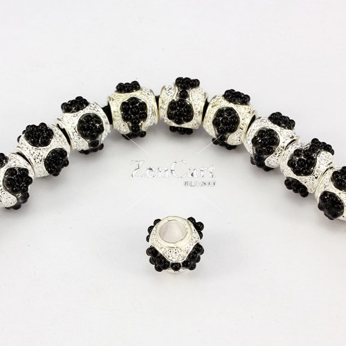 Alloy European Beads, #002, 10x13mm, hole:5mm, pave black bead, silver plated, 1 piece