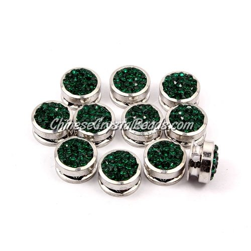 Pave button beads, emerald, silver-plated copper, 10mm , Sold per pkg of 10 pcs