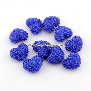 Pave heart beads, clay, 13x15mm, 1.5mm hole, sapphire, 1pcs