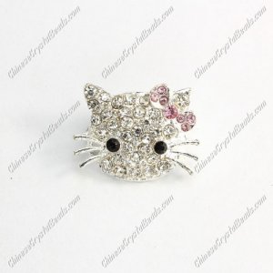 Pave Crystal Cat head charms, 16x21mm, hole: 2mm, silverplated, pink bowknot, sold 1pcs