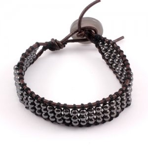 Beaded Leather Wrap Bracelet, 4mm hematite Round Bead